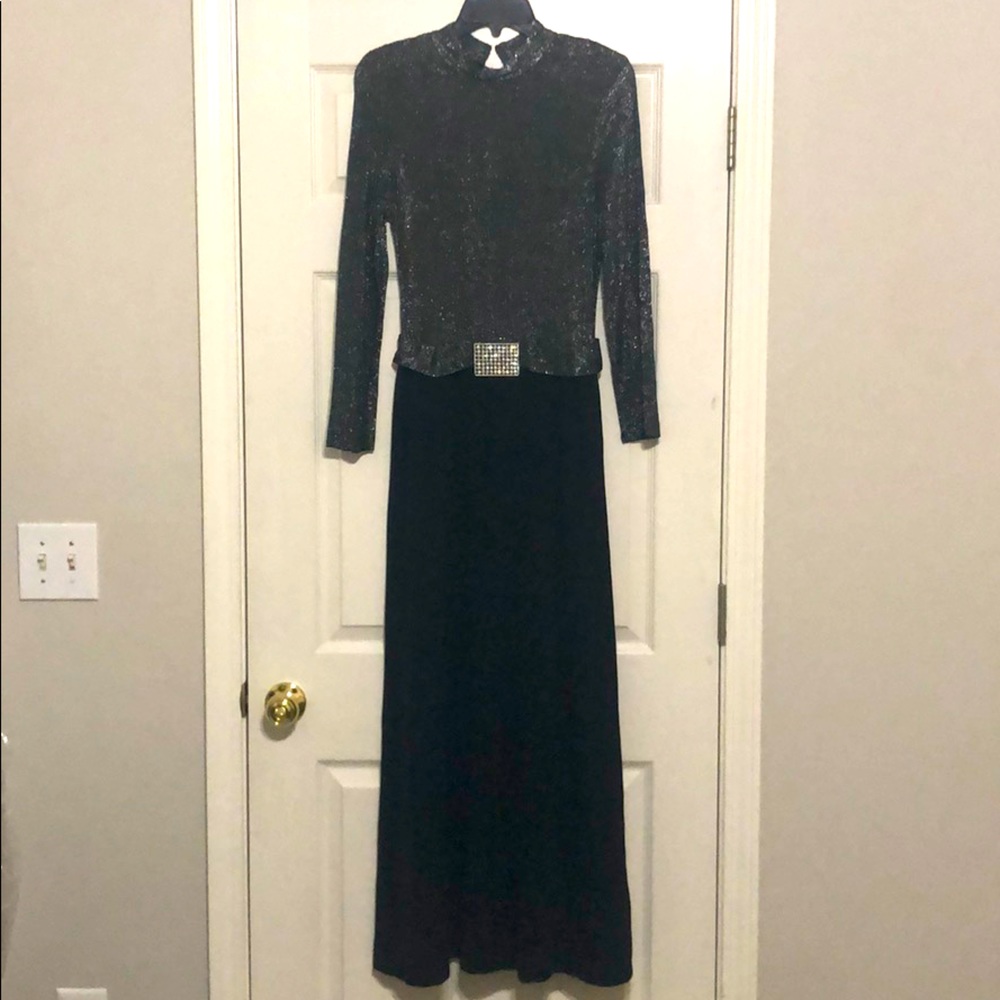 Nadine vintage black and silver long sleeve dress / gown, size juniors 15